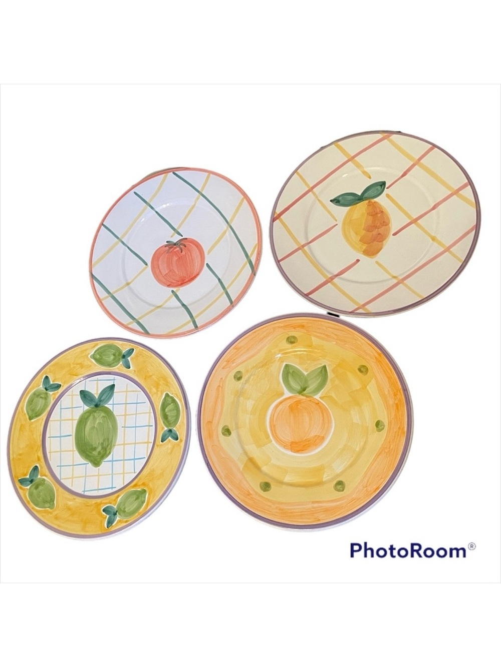 POTTERY BARN LUNCHEON PLATES SET OF 4 LEMON LIME ORANGE TOMATO ITALY 9.5” HOME